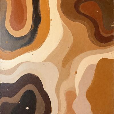 The primary subject of the image is a painting or drawing of a brown and white pattern. The setting is a wooden surface, and the visual style appears to be a combination of photo and digital art. The dominant colors are brown and white, creating a warm and earthy atmosphere.